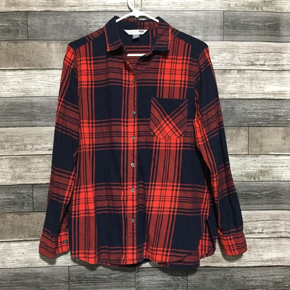 Old Navy The Classic Shirt Flannel Women’s L Blue Red Plaid Button Up Casual - Picture 3 of 9